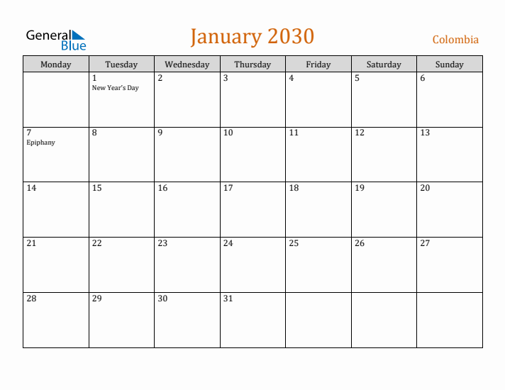 January 2030 Holiday Calendar with Monday Start