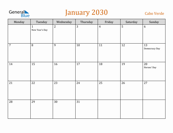 January 2030 Holiday Calendar with Monday Start