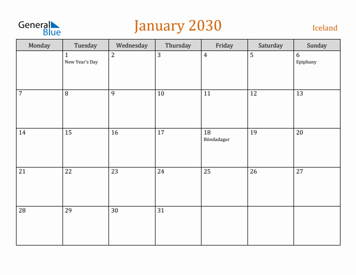 January 2030 Holiday Calendar with Monday Start