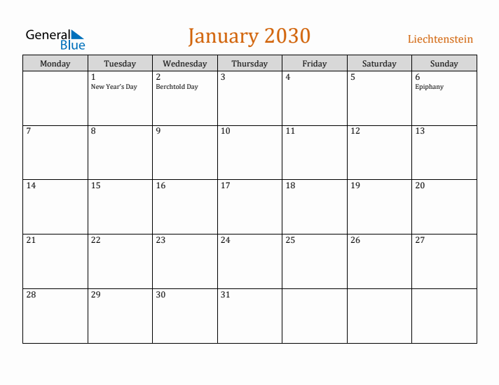 January 2030 Holiday Calendar with Monday Start