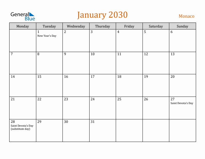 January 2030 Holiday Calendar with Monday Start