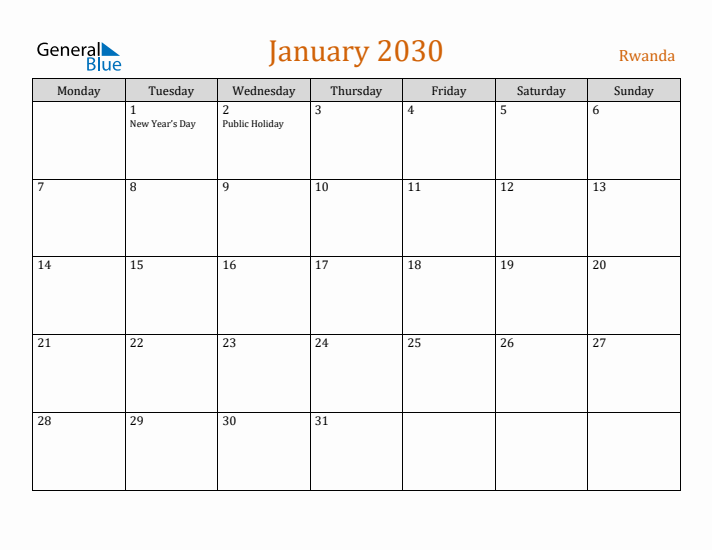 January 2030 Holiday Calendar with Monday Start