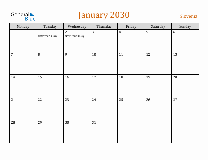 January 2030 Holiday Calendar with Monday Start