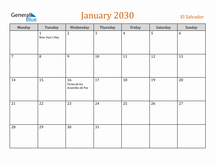 January 2030 Holiday Calendar with Monday Start