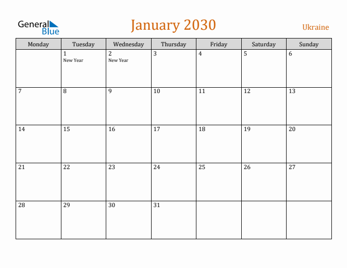 January 2030 Holiday Calendar with Monday Start