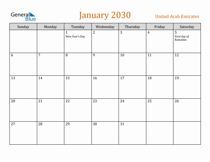 January 2030 Holiday Calendar with Sunday Start