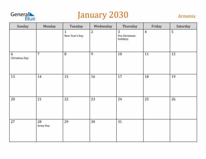 January 2030 Holiday Calendar with Sunday Start