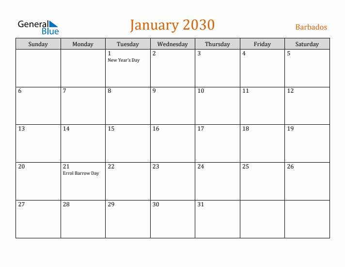 January 2030 Holiday Calendar with Sunday Start