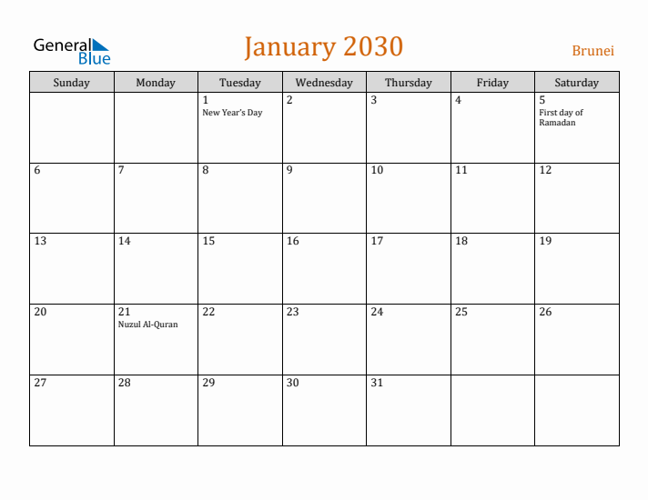 January 2030 Holiday Calendar with Sunday Start