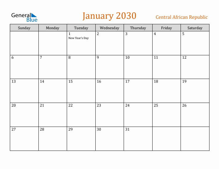 January 2030 Holiday Calendar with Sunday Start