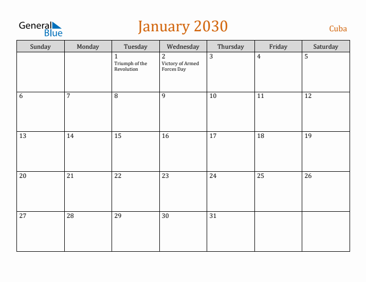 January 2030 Holiday Calendar with Sunday Start