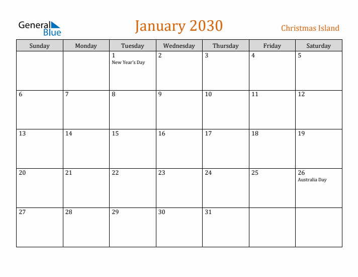 January 2030 Holiday Calendar with Sunday Start