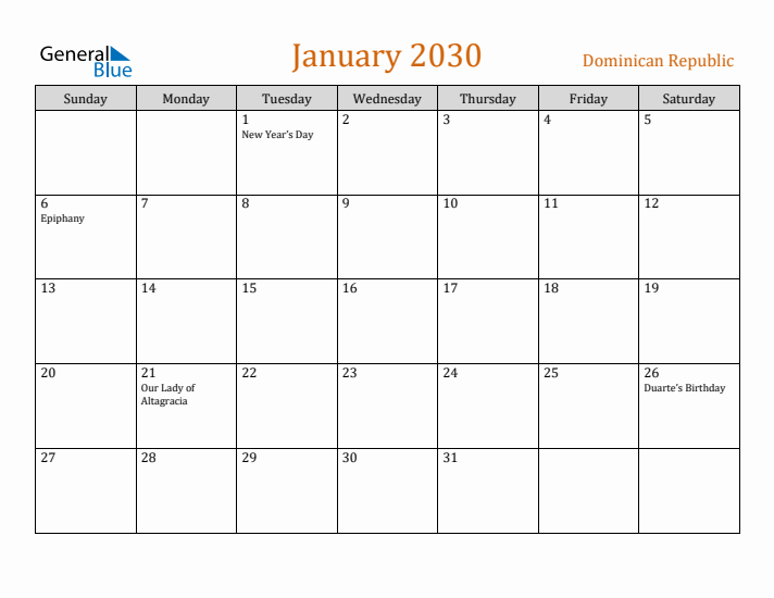 January 2030 Holiday Calendar with Sunday Start