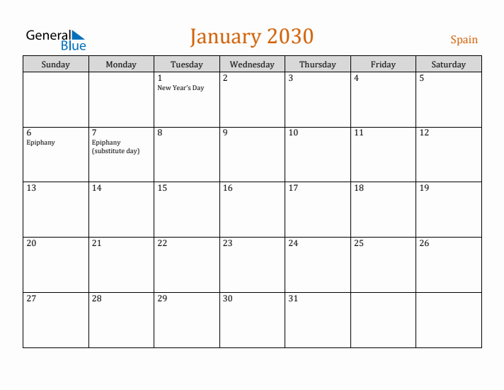 January 2030 Holiday Calendar with Sunday Start