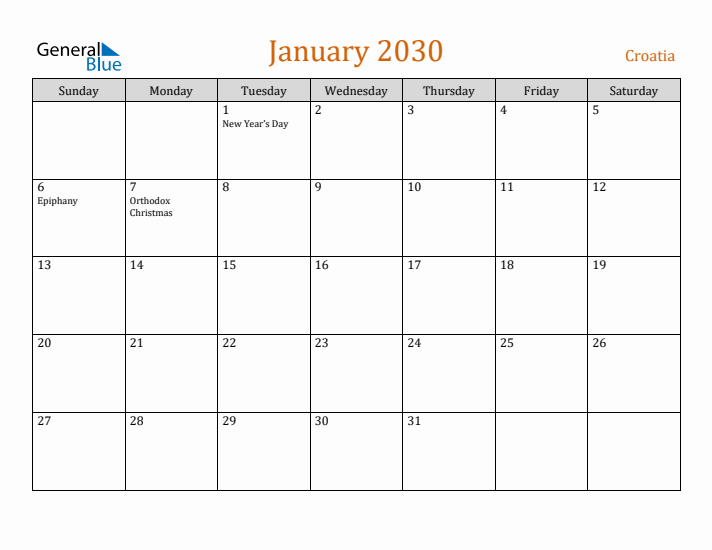 January 2030 Holiday Calendar with Sunday Start