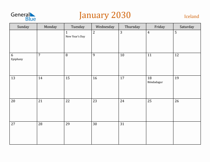 January 2030 Holiday Calendar with Sunday Start