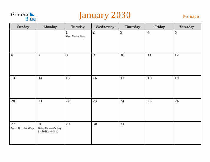 January 2030 Holiday Calendar with Sunday Start