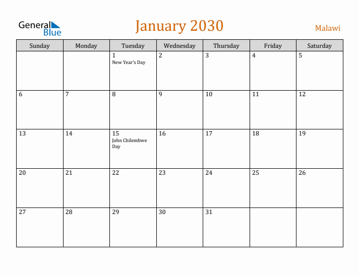 January 2030 Holiday Calendar with Sunday Start