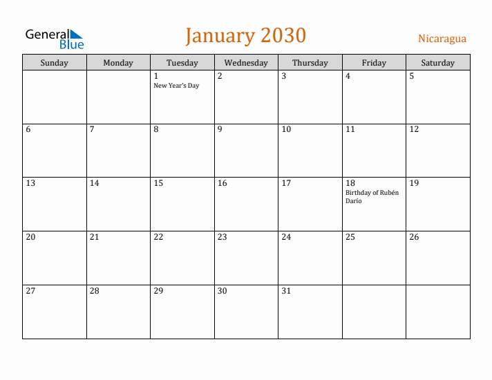 January 2030 Holiday Calendar with Sunday Start