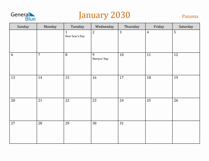 January 2030 Holiday Calendar with Sunday Start