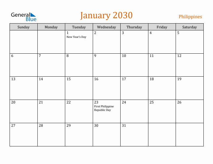 January 2030 Holiday Calendar with Sunday Start