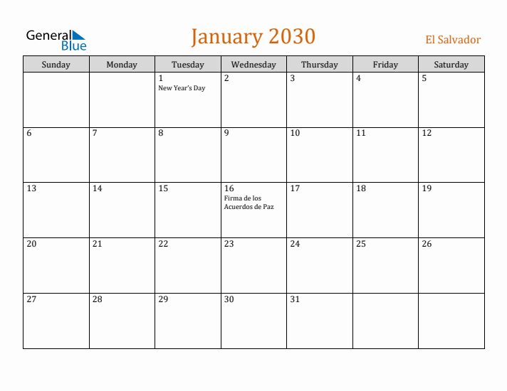 January 2030 Holiday Calendar with Sunday Start