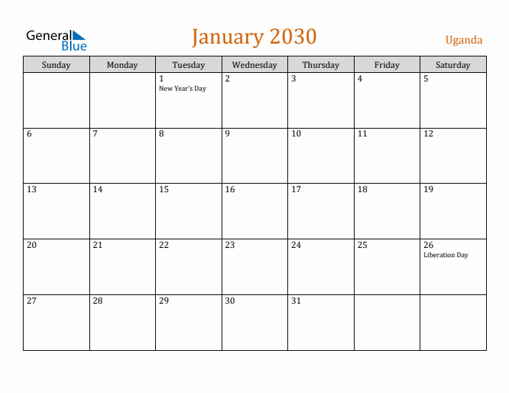 January 2030 Holiday Calendar with Sunday Start