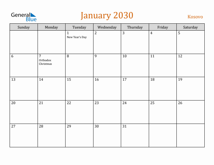 January 2030 Holiday Calendar with Sunday Start