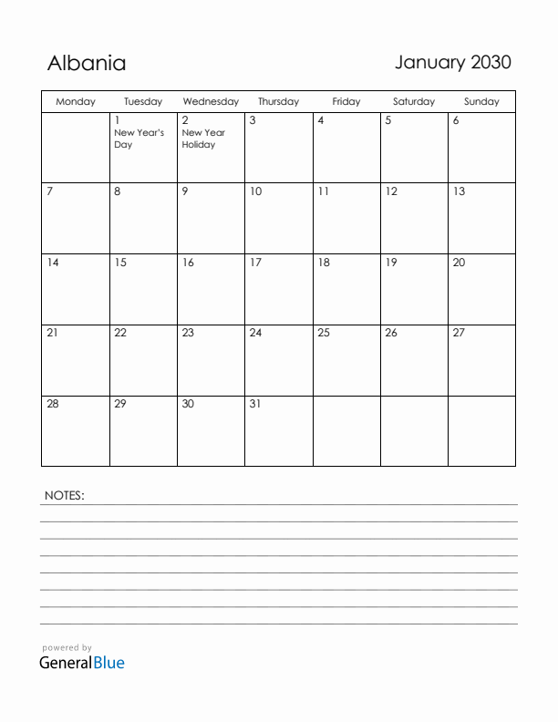 January 2030 Albania Calendar with Holidays (Monday Start)