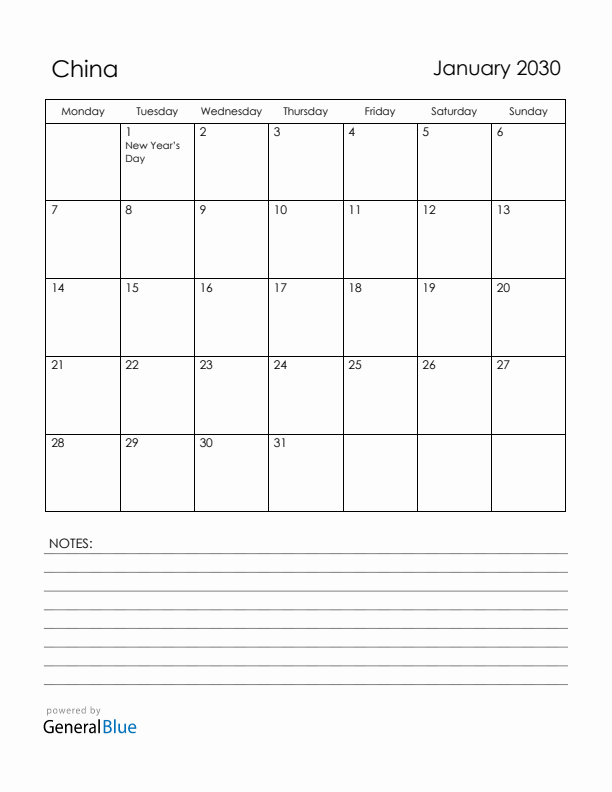 January 2030 China Calendar with Holidays (Monday Start)