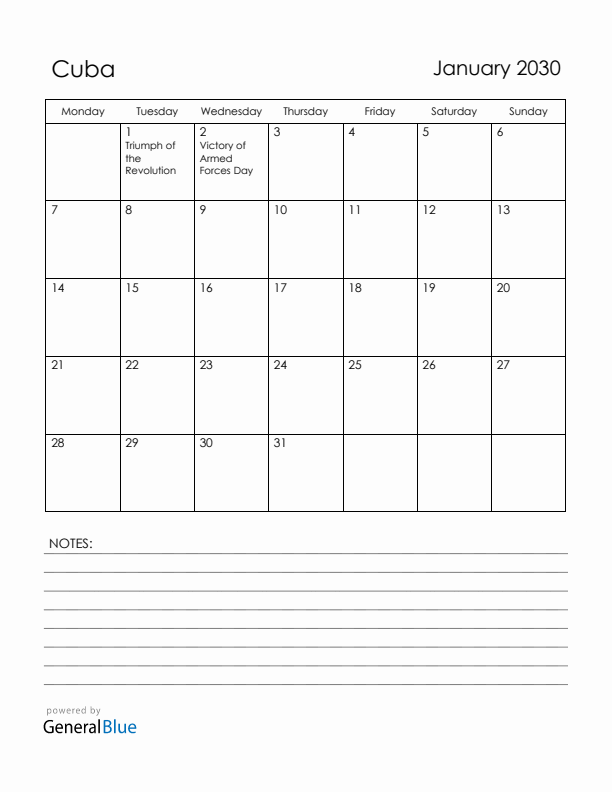 January 2030 Cuba Calendar with Holidays (Monday Start)