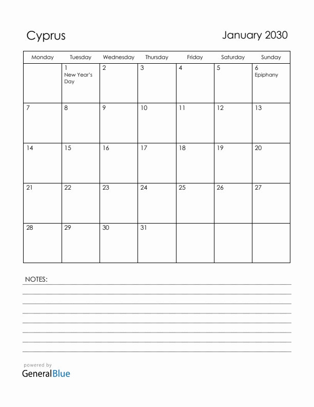 January 2030 Cyprus Calendar with Holidays (Monday Start)