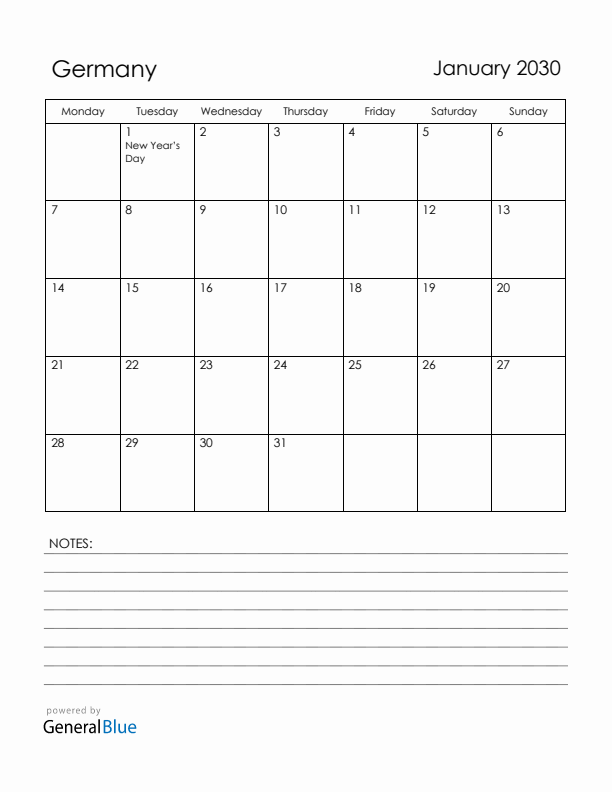 January 2030 Germany Calendar with Holidays (Monday Start)