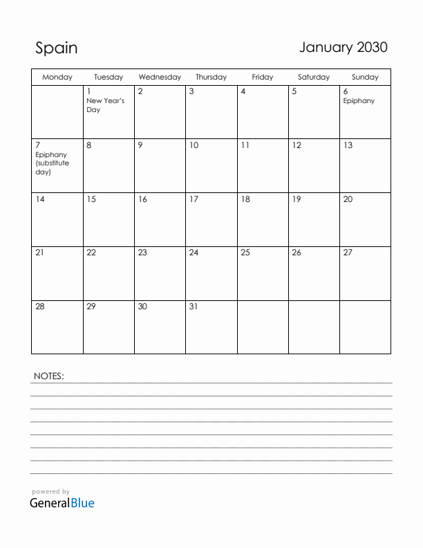 January 2030 Spain Calendar with Holidays (Monday Start)