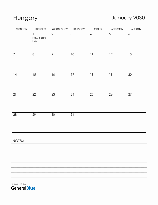 January 2030 Hungary Calendar with Holidays (Monday Start)