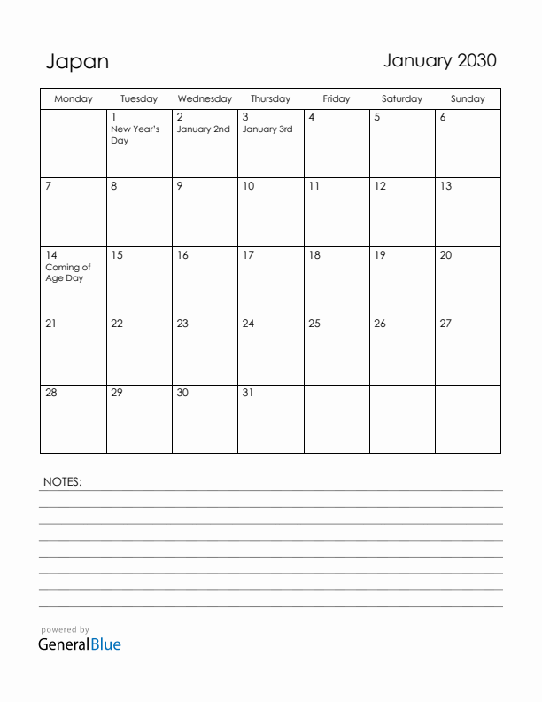 January 2030 Japan Calendar with Holidays (Monday Start)