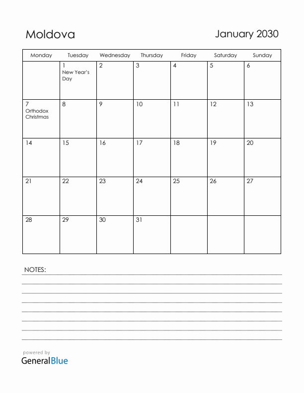 January 2030 Moldova Calendar with Holidays (Monday Start)