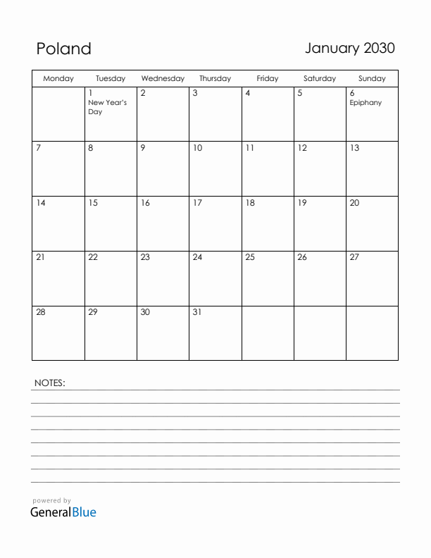 January 2030 Poland Calendar with Holidays (Monday Start)