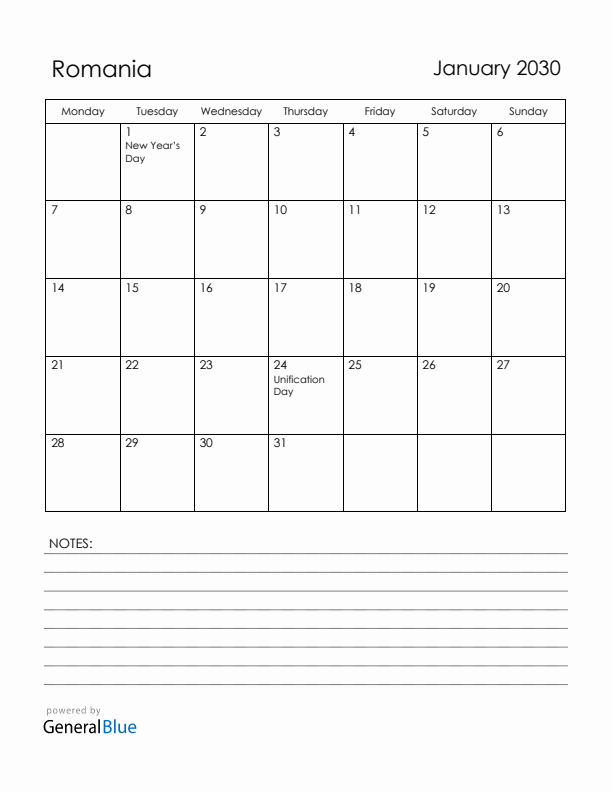 January 2030 Romania Calendar with Holidays (Monday Start)