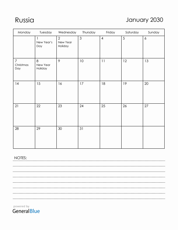 January 2030 Russia Calendar with Holidays (Monday Start)