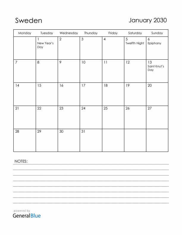 January 2030 Sweden Calendar with Holidays (Monday Start)