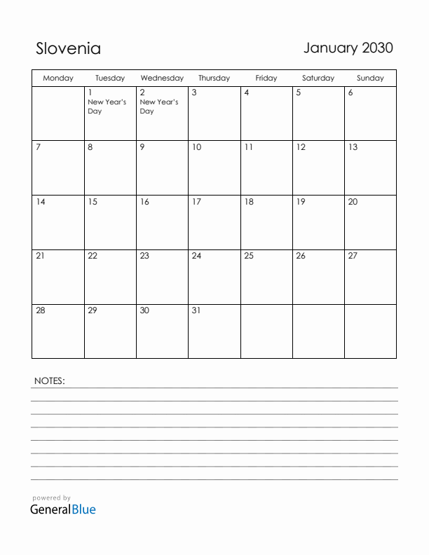 January 2030 Slovenia Calendar with Holidays (Monday Start)