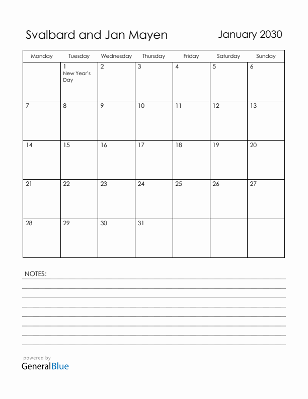 January 2030 Svalbard and Jan Mayen Calendar with Holidays (Monday Start)