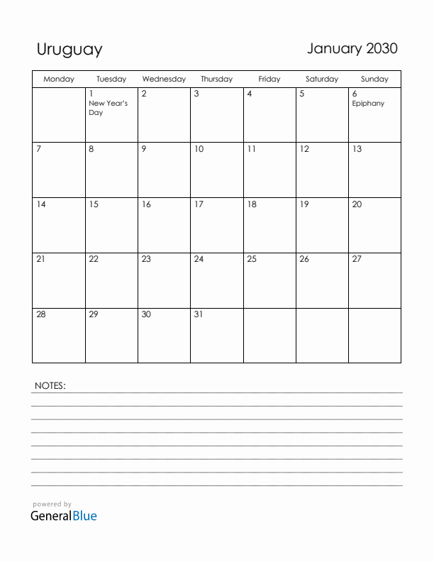 January 2030 Uruguay Calendar with Holidays (Monday Start)