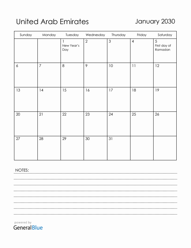 January 2030 United Arab Emirates Calendar with Holidays (Sunday Start)