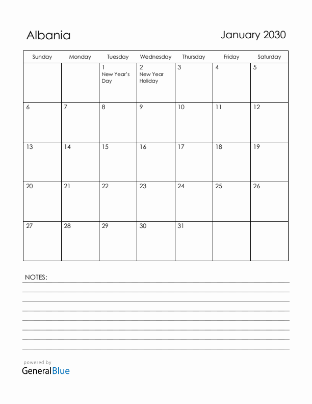 January 2030 Albania Calendar with Holidays (Sunday Start)