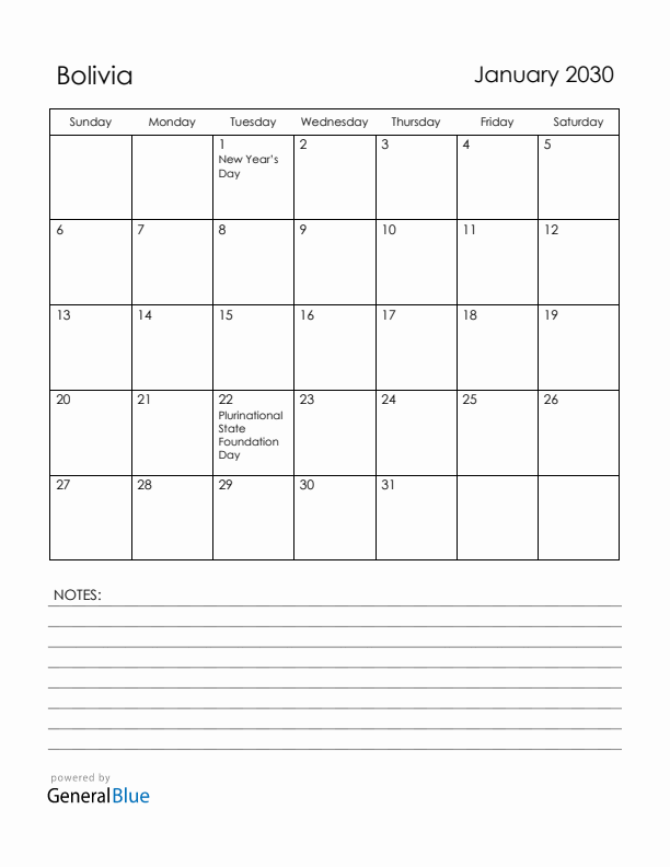 January 2030 Bolivia Calendar with Holidays (Sunday Start)