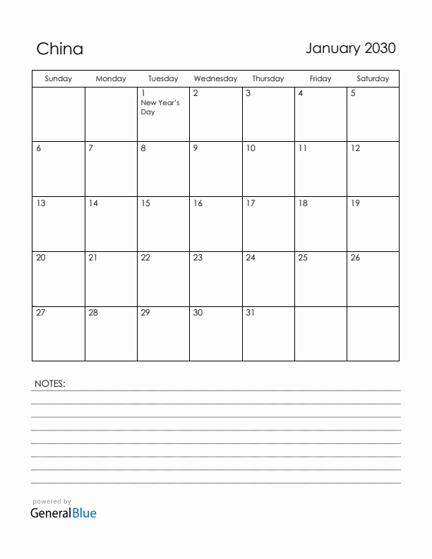 January 2030 China Calendar with Holidays (Sunday Start)