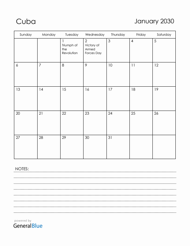 January 2030 Cuba Calendar with Holidays (Sunday Start)