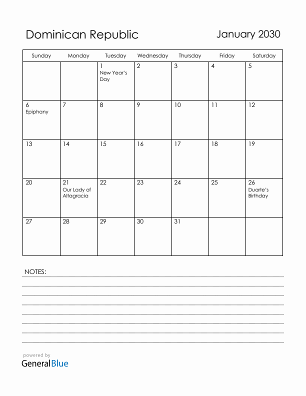 January 2030 Dominican Republic Calendar with Holidays (Sunday Start)